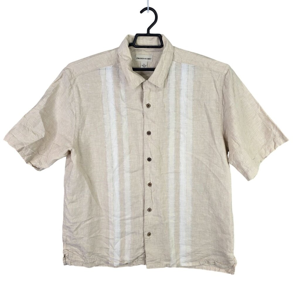 Mens Pronto Uomo Beige Striped Shirt 100% Linen Button Up Short Sleeve Size XL